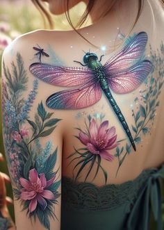 the back of a woman's body with flowers and dragonflies painted on it