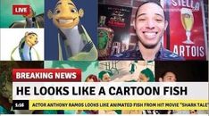 the news is about cartoon fish and it looks like he's talking to someone