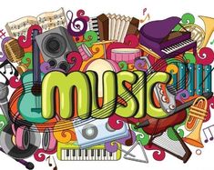 the word music surrounded by various musical instruments