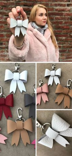 four different pictures of bows on keychains, one is pink and the other is white