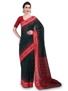 Presenting this elegant and classy Saree exclusively from Craftnirmit. Made from luxurious fine cotton, the sari is woven within the traditional Ikat Orissa weavers by hand that give the exotic look to saree. And this saree comes with geometric Pattern. It is furthered designed with a contrast striped Pallu and temple border that give the vibrant and classic traditional look. Festive Cotton Pre-draped Saree With Zari Weaving, Cotton Traditional Wear With Woven Motifs For Transitional Season, Black Cotton Saree With Traditional Drape, Transitional Red Cotton Saree, Traditional Cotton Pre-draped Saree With Zari Work, Semi-stitched Cotton Saree With Zari Weaving, Navratri Traditional Cotton Wear With Weaving Work, Festive Cotton Saree With Zari Weaving, Festive Cotton Pre-draped Saree With Cutdana