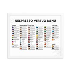 a white framed poster with the names and colors of different types of vertuo menus