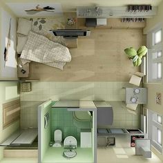 an overhead view of a small bedroom and living room in a tiny apartment with green accents