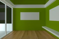 an empty room with green walls and wooden floors