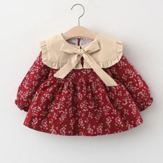 Our Red Floral Dress Is So Pretty! Features A Fun, Lapel Collar With Tie Bow! Material Is Soft And Made From Cotton/Polyester. This Is An All-Weather Dress And Can Be Worn In Spring, Summer, Winter, Fall And Used For So Many Occasions Such As Valentine's Day, Christmas, Weddings, Birthday Or A Perfect Spring Day At The Park! Princess Dress Red, Girl Sleeves, Baby Models, Newborn Dresses, Sweet Dress, Toddler Girl Outfits, Toddler Dress, Spring Dresses