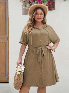 [Plus Size] Khaki 1950s Solid Hooded Belt Dress | Retro Stage Velvet Mermaid Dress, Retro Stage, Midi Party Dress, Velvet Party Dress, Drawstring Dress, Drawstring Dresses, Khaki Fashion, Belt Dress, Plus Size Fits