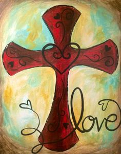 a painting of a red cross with the word love written in cursive writing