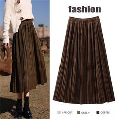 Z-162-02 Casual Knee-length Pleated Winter Skirt, Solid Color Winter Workwear Skirt, Solid Color Skirt For Winter Workwear, Non-stretch Solid Color Skirt For Fall, Solid Color Non-stretch Skirt For Fall, Winter Solid Pleated Skirt, Brown Long Pleated Skirt For Winter, Brown Long Winter Pleated Skirt, Brown Lined Skirt For Winter