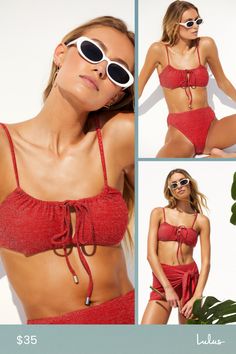 A tidal wave of compliments is sure to head your way when you set out for the beach wearing the Lulus Sandy Escape Red Sparkly Bandeau Tie-Front Bikini Top! This outstanding bikini top has a stretchy knit construction with shiny silver lurex threading throughout that shapes a drawstring neckline with a tie-front detail (and shiny silver aglets), a bandeau-style bodice with a flirty cutout at the center, and adjustable spaghetti straps. Silver clasp closure secures at the back. Removable padding. Adjustable Red Swimwear For Summer, Adjustable Red Swimwear For Vacation, Red Adjustable Swimwear For Summer, Adjustable Red Swimwear For Beach, Beach Wearing, Drawstring Neckline, Tidal Wave, Lulu Fashion, Shiny Silver