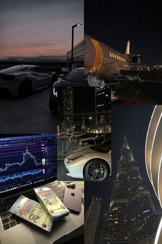 a collage of photos with cars, skyscrapers, and buildings in the background