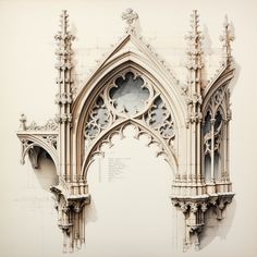 an architectural drawing of a gothic arch with sculptural details on the wall