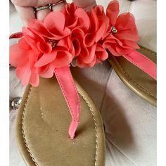 Brand New. Pink Embellished Synthetic Sandals, Pink Rhinestone Sandals For Summer, Pink Adjustable Sandals With Rhinestones, Adjustable Pink Sandals With Rhinestones, Pink Embellished Sandals For Summer, Adjustable Rhinestone Sandals For Spring, Spring Embellished Pink Sandals, Flat Sandals, Color Orange