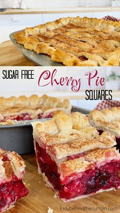 cherry pie squares on a cutting board with the words cherry pie slices in front of them