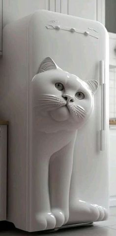 a white cat shaped refrigerator in a kitchen