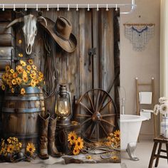 the shower curtain is decorated with sunflowers and an old fashioned cowboy's hat