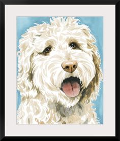 a painting of a white dog with his tongue out