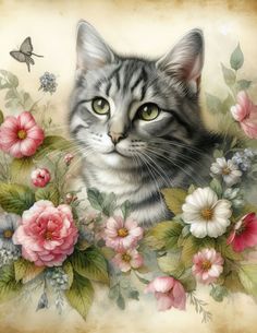 a painting of a cat with flowers and butterflies around it's neck, looking at the camera