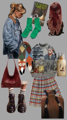 A plaid skirt with a Vincent van Gogh graphic sweater. Accessorized with a barn jacket, doc martin “church shoes,” green ankle socks, an eccentric fox scarf and a red bandana. Going On A Trip, Shoe Accessories, Clothes