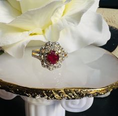 1.1CT Burmese Unheated Rubies and Natural Diamonds Ring in 20K Solid Gold. (SKU : KJ262024) PRICE: $1,799, VALUATION: $6,850 by NCJV Registered Valuer Reg: N683 20K yellow gold ruby and diamond dress ring featuring in one(1) oval shape four claw set ruby decorated by sixty-one (61) round brilliant cut micro claw set diamonds on a wire basket with an undertail and split upswept shoulder 2.7mm straight band.  𝐅𝐞𝐚𝐭𝐮𝐫𝐞𝐬 : + Main Gemstone - Burmese Unheated Natural Ruby + Total Carat Weight o Diamond Dress Ring, Diamond Dress, Dress Ring, Natural Diamond Ring, Wire Basket, Diamonds Ring, Dress Rings, Natural Ruby, Burmese