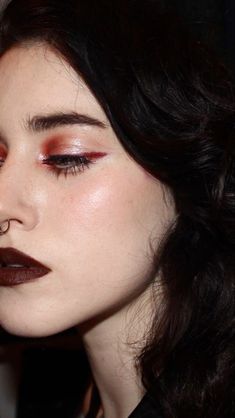 Deepest Eyes Makeup, Fall Makeup Trends 2023, Dark Valentine Makeup, Red Make Up Looks, Dark Red Eye Makeup, Grungy Makeup Look, Sheer Shirt Outfits