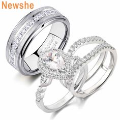 two wedding rings with diamonds on top and the words newshe written below them in white gold