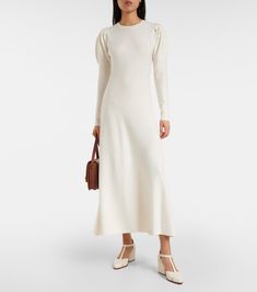 Beige Midi Dress For Fall Evening, Elegant Beige Midi Dress For Winter, Formal Beige Maxi Dress For Fall, Elegant White Knee-length Sweater Dress, Classic Evening Midi Dress For Winter, Elegant Spring Wool Dress, Classic Beige Midi Dress For Fall, Cream Midi-length Dress For Fall, Elegant Cashmere Sweater Dress For Work