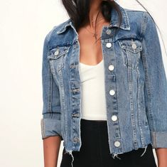 Cute Denim Jacket With Raw Hem And Front Pockets. Size Xs, 16.5 Inch Chest, 20.5 Inch Long And 23.5 Inch Length Of Sleeve. -B1 Fitted Long Sleeve Denim Jacket In Medium Wash, Spring Dark Wash Denim Jacket With Frayed Hem, Spring Medium Wash Button-up Denim Jacket, Fitted Distressed Dark Wash Outerwear, Dark Wash Button-up Denim Vest For Spring, Washed Blue Denim Jacket For Spring, Spring Blue Denim Jacket With Frayed Hem, Blue Denim Jacket With Frayed Hem For Spring, Casual Dark Wash Denim Jacket With Frayed Hem