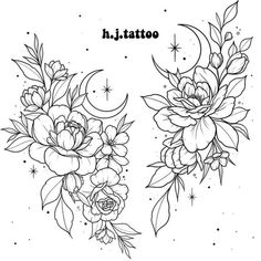 two flowers with the word hjtatto on them, in black and white