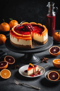 a cheesecake with blood oranges on the side