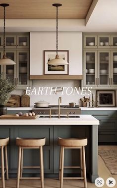 an image of a kitchen setting with bar stools in the center and countertop