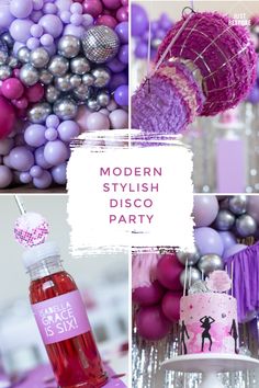 modern stylish disco party with pink and purple decorations