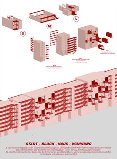 the diagram shows how many different types of buildings are arranged in rows, with red and white