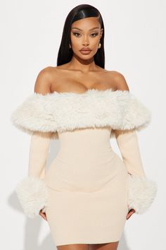 Available In Beige. Sweater Mini Dress Off Shoulder Long Sleeve Fur Trim Stretch Dress Length = 33" Body: 50% Rayon 30% Polyester 20% Nylon Fur: 100% Polyester Imported | Maci Sweater Mini Dress in Beige size 3X by Fashion Nova Birthday Sweater Dress, Off Shoulder Fur Dress, White Fur Dresses, Dresses To Go Out, Fluffy Christmas Dress, January Birthday Dress, Birthday Fits Black Women Winter, Winter Fur Dress, Spring Birthday Outfit Black Women