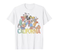 a white t - shirt with mickey mouse and friends in the word california on it