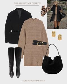 First one out is the knit dress paired with a blazer and knee high boots! Tap amd see 3 more looks 🤎 | fall fashion, outfit inspo, outfit inspiration Knit Dress Outfit, Casual Outfit Fall, Knitted Dress Outfit, Outfit Elegant, Hello September