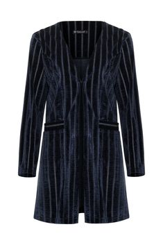 Bring a luxurious and versatile addition to your wardrobe with this Women's Navy Blue Stripped Stretch Velvet Cardigan. Featuring a regal princess silhouette, a delicate hook and eye closure, and convenient pockets, this cardigan adds sophistication to any outfit. Its stretch velvet material elevates both jeans ensembles and formal attire. #bluevelvetcardiganoutfit #bluevelvetcardigan #velvetcardigan #velvetcardiganoutfit Velvet Cardigan, Princess Silhouette, Cardigan Outfits, Velvet Fashion, Stretch Velvet, Velvet Material, Formal Attire, Navy Women, Dress Romper