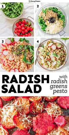 the steps to make radish salad with fresh greens and pesto on top