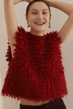 Fibflx Women's Red Sleeveless Sweater Vest Red Faux Fur Vest, Big Scary, Sleeveless Sweater Vest, Red Feather, Crimson Red, Skirt Style, Sleeveless Vest, Sleeveless Sweater, Knit Vest