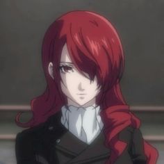 an anime character with long red hair wearing a black jacket and white collared shirt