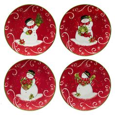 four red plates with snowmen on them