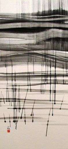 black and white abstract painting with brush strokes