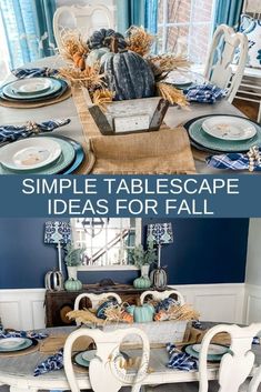 the table is set for fall with blue and white plates, pumpkins and other decorations