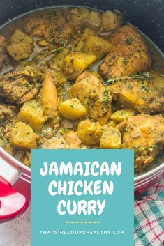 jamaican chicken curry in a pot with text overlay