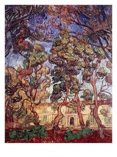 a painting with trees and buildings in the background