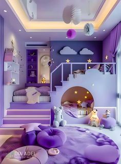 a bedroom with purple and white decor in the ceiling, stairs leading up to the second floor