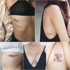 four pictures of different types of tattoos on women's stomachs and chestes