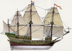 a drawing of a sailing ship with white sails