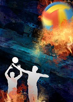 two people playing with a ball in the air over fire and water, against a blue background