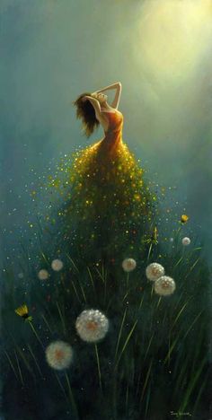 a painting of a woman in a yellow dress standing on top of a field with dandelions