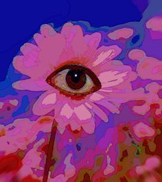 an eye is shown in the center of a pink flower